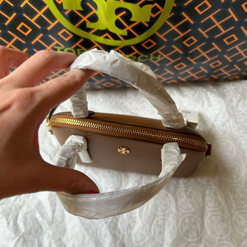 Tory Burch Emerson Dome Satchel Crossbody Bag Top Handle Moose Gold Tan